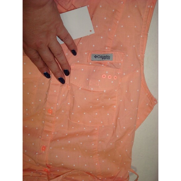 NWT New Womens Columbia Pink Peach Dot Dress PFG M White Pockets Cotton Rod Logo - Picture 5 of 10